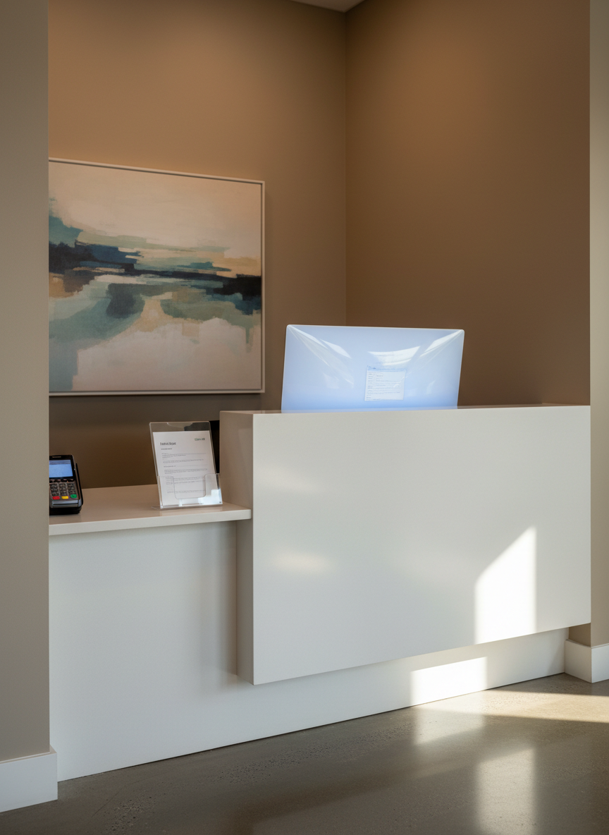 A serene behavioral health practice front desk area where financial workflows are quietly optimized in the background. The image focuses on a minimalist reception counter with a matte-white surface, a discreet payment terminal, and a small acrylic stand holding blank, unprinted intake forms. Behind the desk, a large monitor faces away from the viewer, its glow suggesting active insurance verification tools without revealing any content. The walls are painted in soft, warm neutrals, accented by a single abstract canvas in muted blues and greens. Late-afternoon natural light enters from an unseen window, casting gentle, elongated shadows. Eye-level photographic composition conveys a welcoming, HIPAA-appropriate environment that still feels technologically advanced.