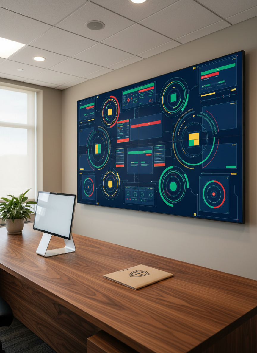 A meticulously organized credentialing and payer-enrollment command center, represented by a large wall-mounted digital dashboard composed of colorful, abstract status blocks and progress rings with no readable text. Below, a long walnut desk holds a thin all-in-one desktop computer, a closed folder labeled only with a generic icon, and a small potted plant. Soft, warm overhead office lighting mixes with natural window light, creating subtle highlights on the wood grain. The atmosphere is calm and methodical, suggesting complex details handled behind the scenes. Photographic realism, captured from a slightly elevated wide angle, showcases a sophisticated, clutter-free space symbolizing streamlined behavioral health credentialing managed by AI.
