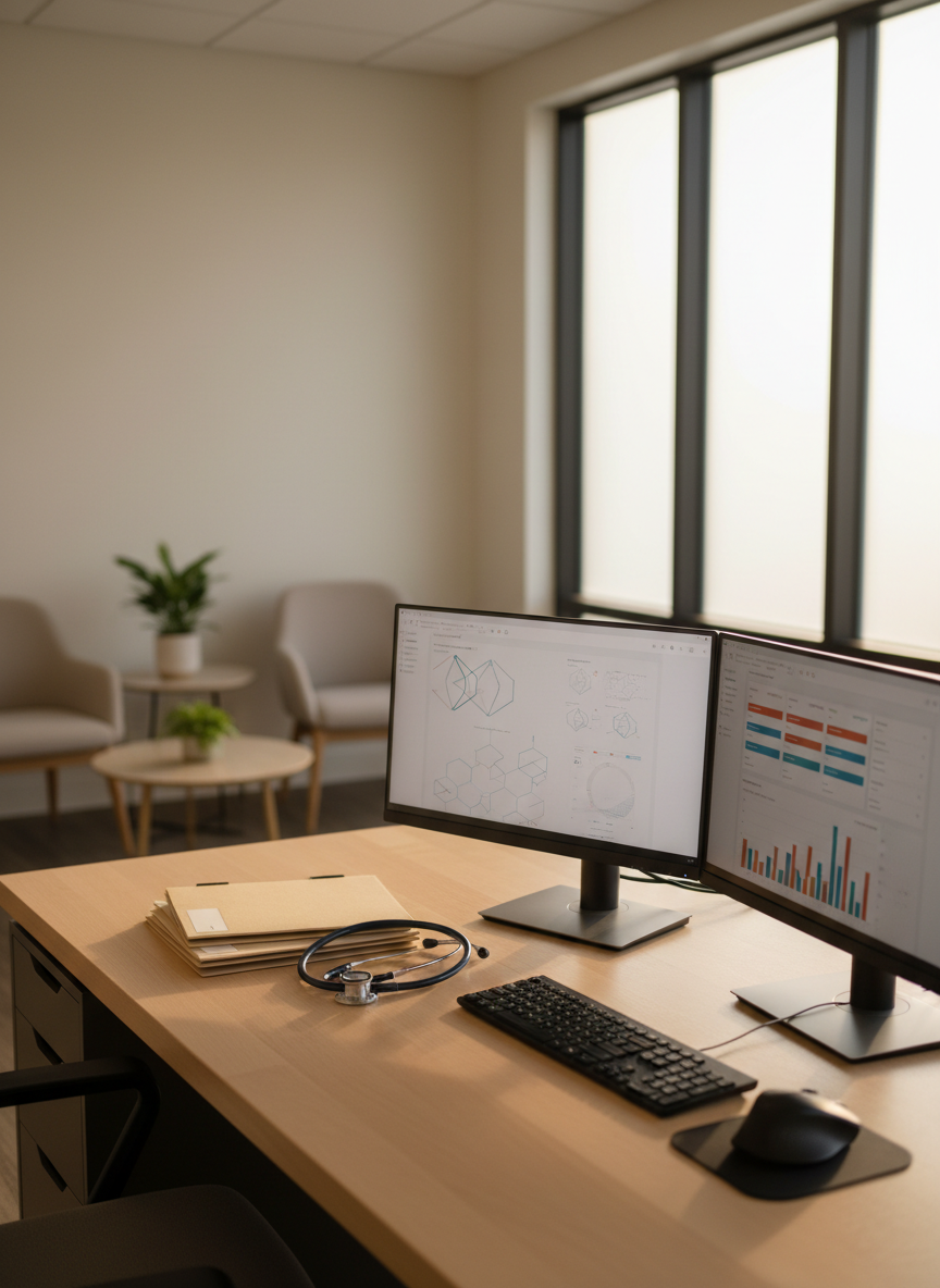 A modern behavioral health practice billing workspace, featuring a large dual-monitor setup on a sleek light-wood desk.